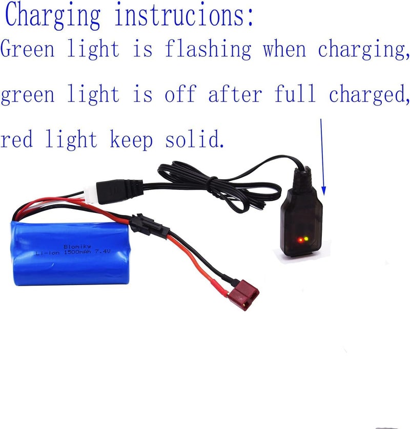Blomiky 2 Pack 7.4V 1500mAh Li-ion Rechargeable Battery SM-2P Plug with T Adapter and USB Cable Suitable for H101 H103 H105 RC Boat RC Trucks H101 Battery & T 2 - Image 3
